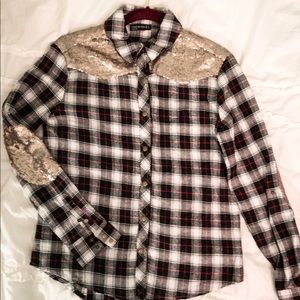 Plaid gold sequin top
